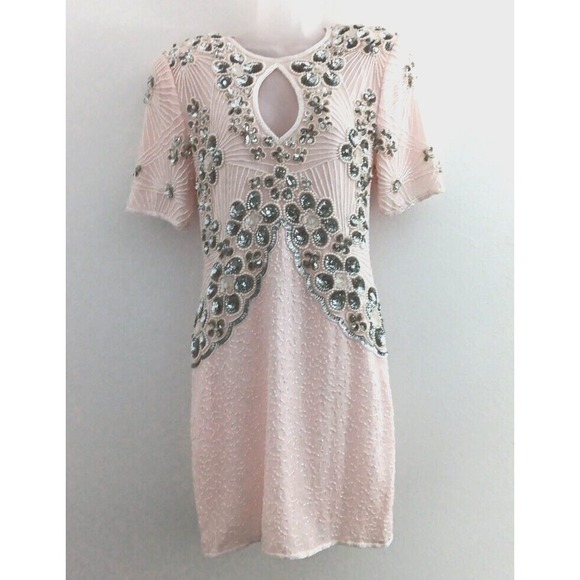 Jennifer Meyer Dresses & Skirts - NOS Jennifer Evening Gown MED Pink Midi Silk Bead‎ Sequin Keyhole Barbicore Glam